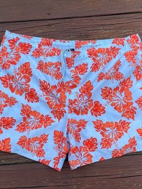 Vintage OP Ocean Pacific Swim Trunks Floral Blue Orange Mens Large 36-38